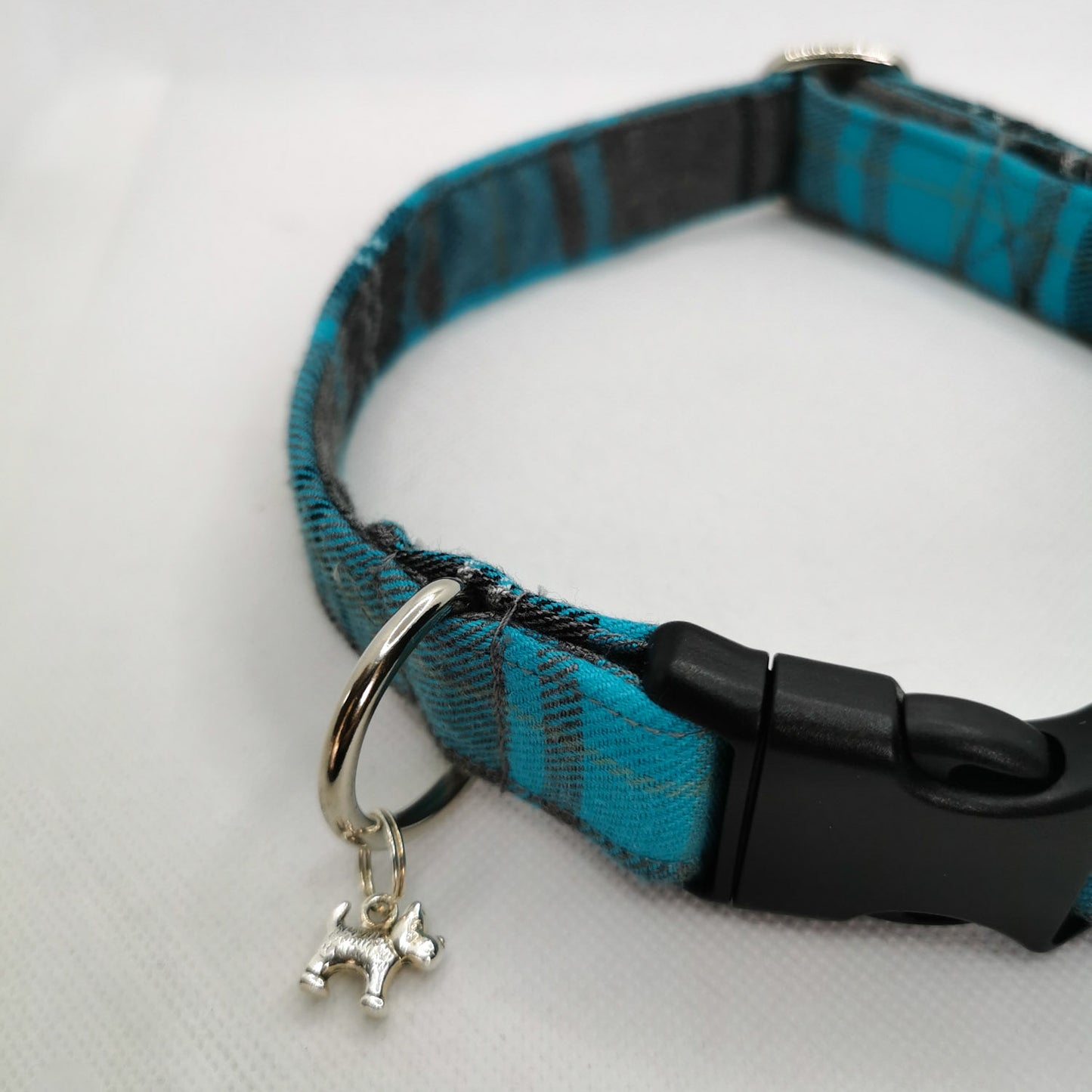Turquoise and Grey Tartan Dog Collar